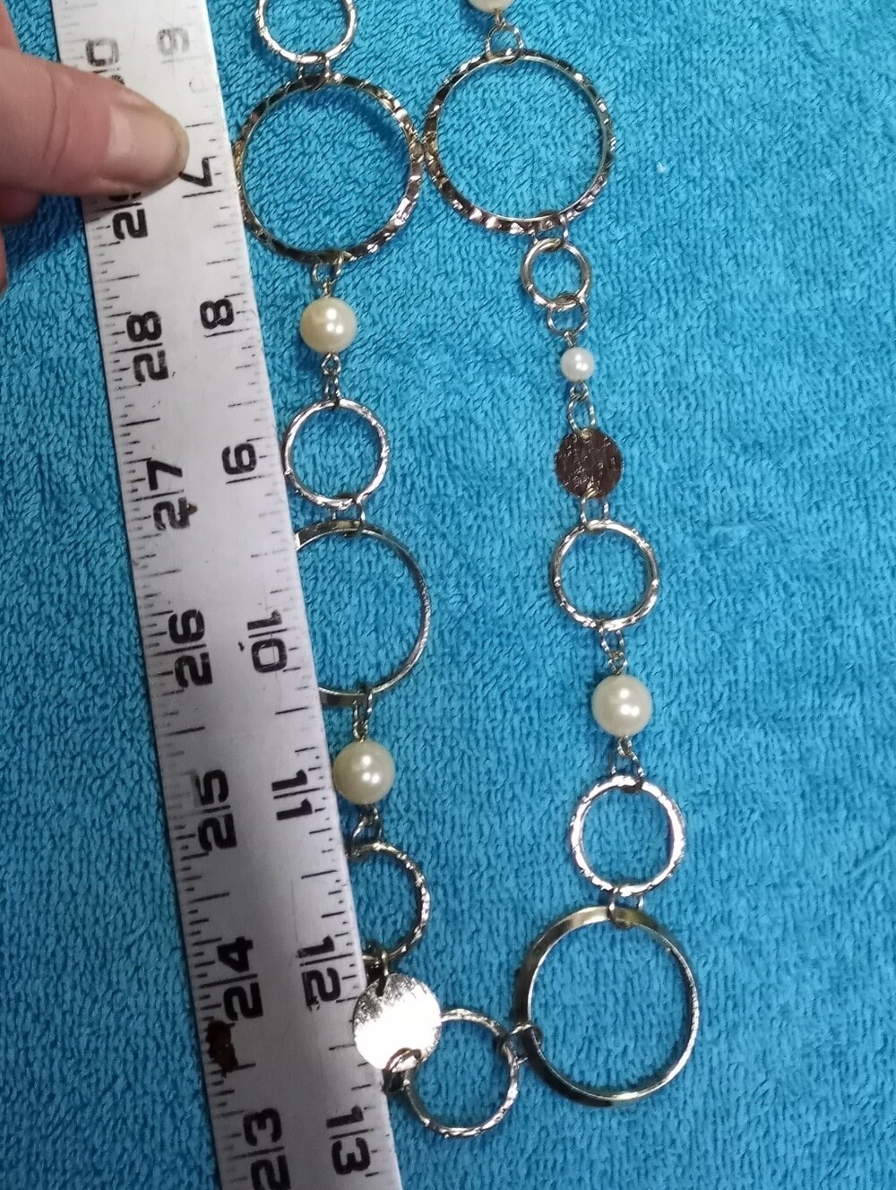 Elegant Silver-Tone Double Circle Necklace with White Pearls - Long